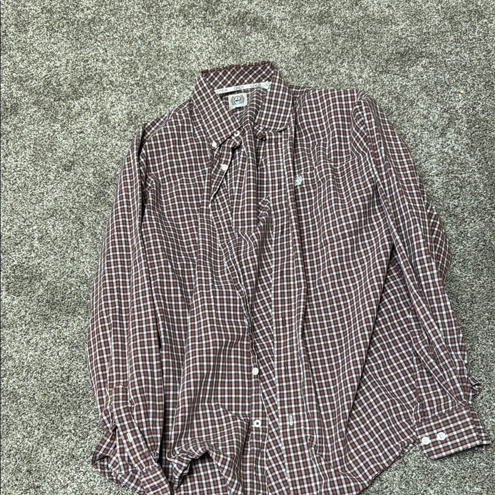Cinch Brown Casual Button Down Shirt Gingham Pattern
